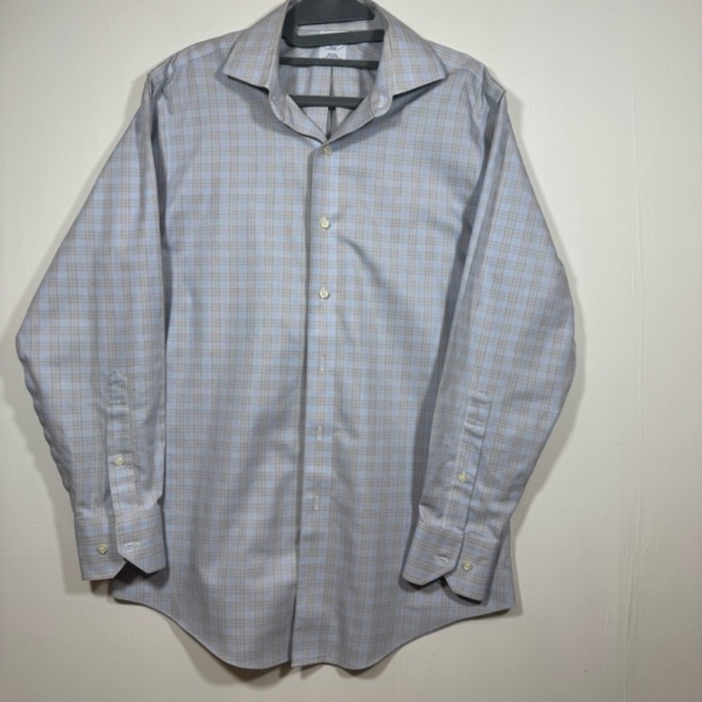 Brooks Brothers Slim Fit Non-Iron Plaid Dress Shirt 15-2/3 Blue Cotton‎ Office